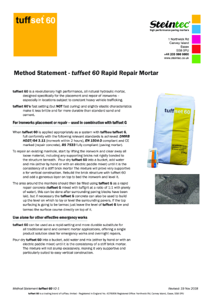 Method Statement - tuffset 60 specialist mortar for ironwork setting and rapid repair of pavements