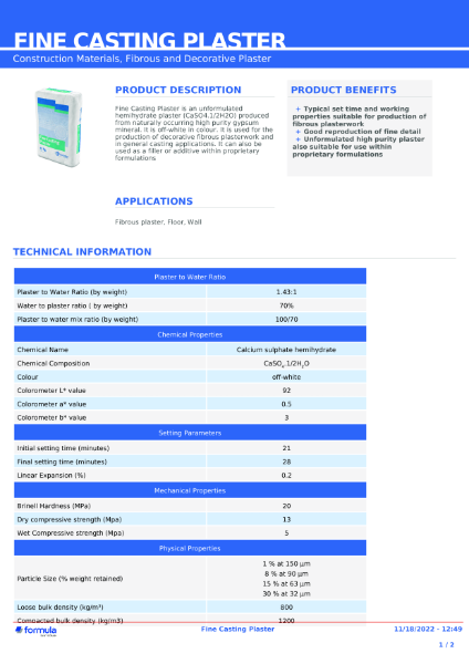 Fine Casting Plaster Data Sheet