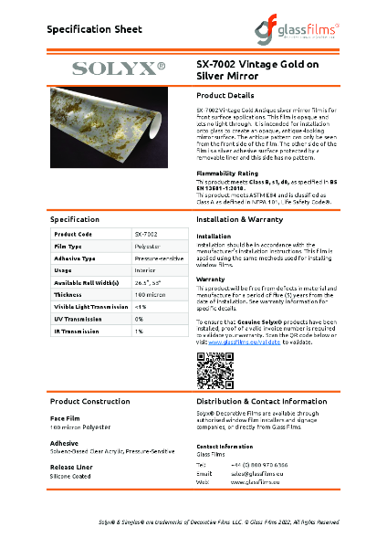 SX-7002 Vintage Gold on Silver Mirror Specification Sheet