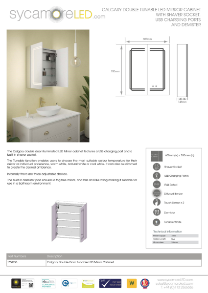 Specification Sheet for Calgary Illuminated CCT LED Mirror Cabinet