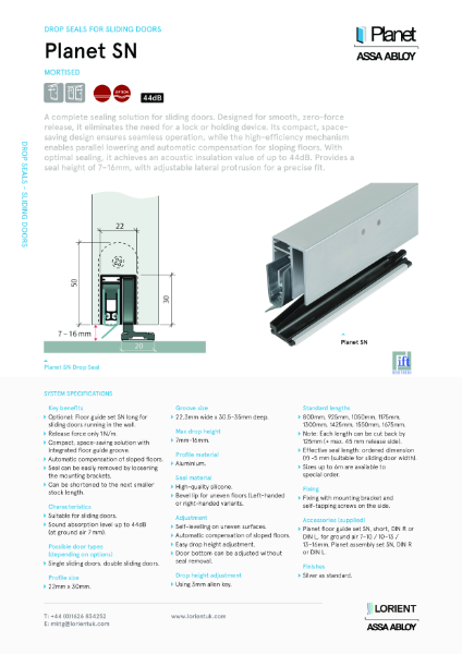 Planet SN drop seal for sliding doors datasheet