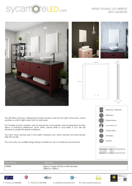 Specification Sheet for Reims Illuminated Mirror