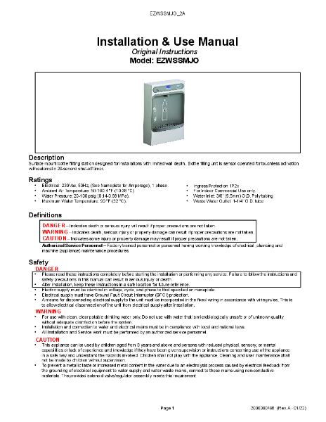 Elkay EZWSSMJO Installation & User Manual