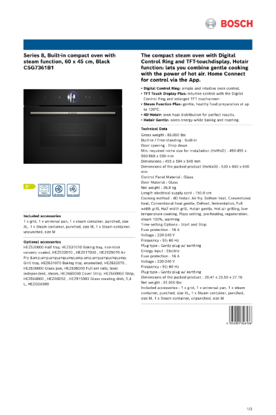 Series 8, Built-in compact oven with
steam function, 60 x 45 cm, Black
CSG7361B1