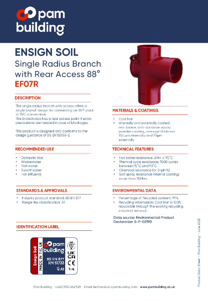 EF07R - Single Branch (Swept Radius) with Rear Access x 88°