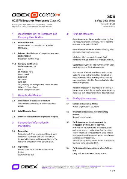 OBEX CORTEX 0223FR Class A2 Breather Membrane W1 - SDS