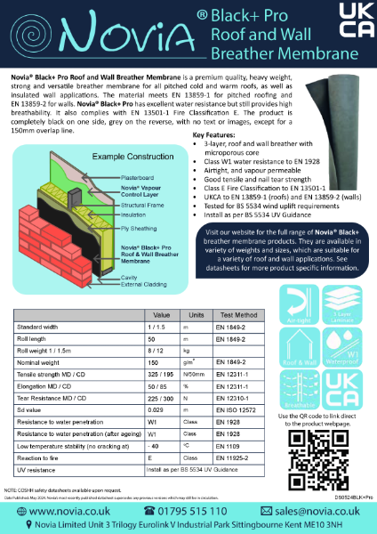 Novia Black + Pro Roof and wall Breather Membrane Datasheet