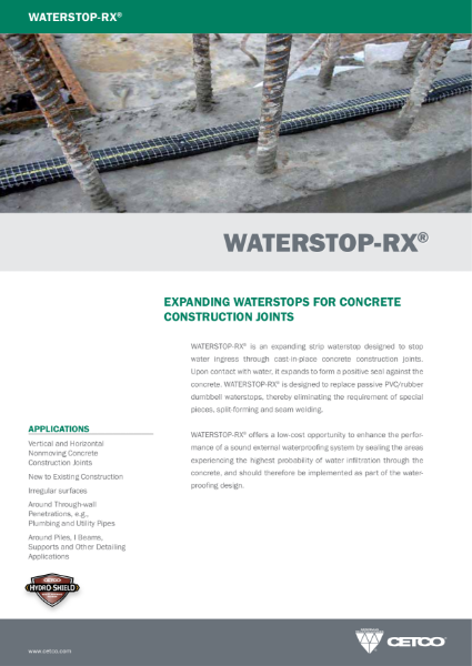 WATERSTOP-RX® - EXPANDING WATERSTOPS FOR CONCRETE CONSTRUCTION JOINTS