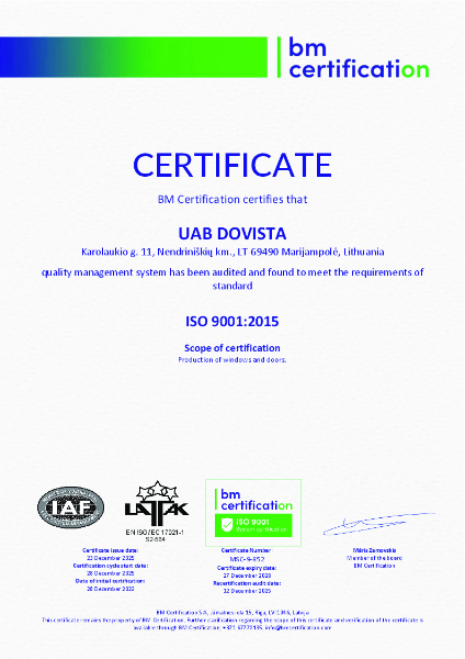 ISO 9001 quality management DOVISTA, UAB