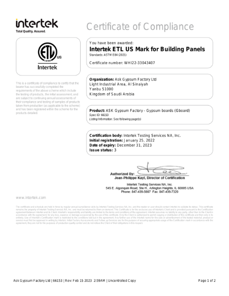 Surface Burning Characteristics - ASTM E84 - Gypsum