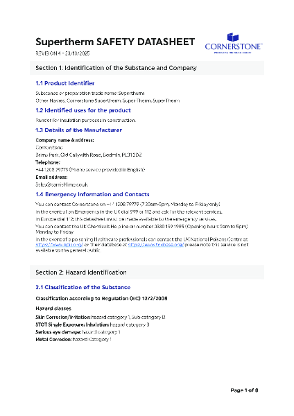 Cornerstone Supertherm Safety Datasheet