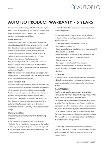 Autoflo 5 Year Warranty