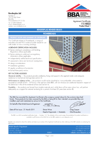 Renderplas PVC Bead BBA Certificate