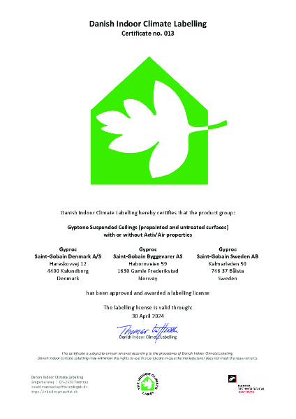 Gyptone Danish Indoor Climate Certificate