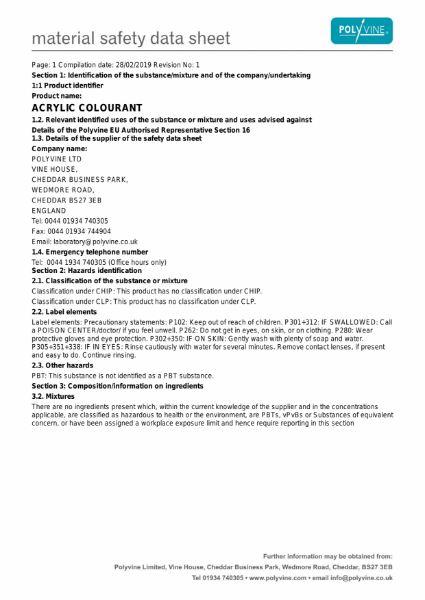 Acrylic Colourants Material Safety Data Sheet