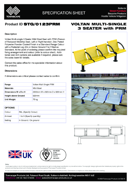 Townscape Voltan Multi-Single 3 Seater with PRM Specification Sheet STG/0123PRM