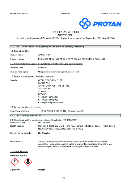 Protan (UK) Ltd ProBond Adhesive Safety Data Sheet - Roller applied