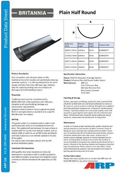 Britannia Plain Half Round Data Sheet