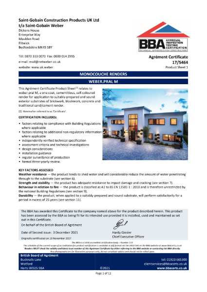 BBA Agrément Certificate (17/5464) Product Sheet 1 (weberpral M)
