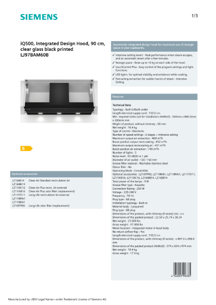 iQ500, Integrated Design Hood, 90 cm, clear glass black printed LJ97BAM60B