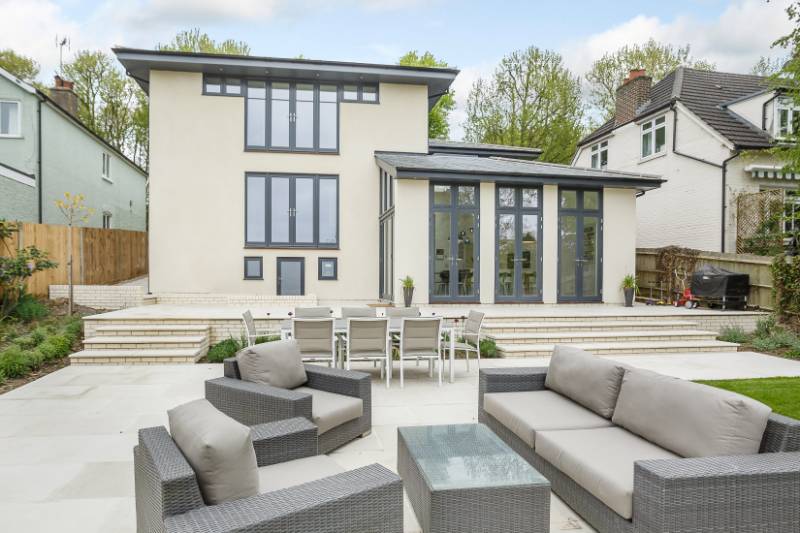 Dual Finish Timber Casement Windows, French Doors and Oak Feature Windows in Bishop Stortford Contemporary Style Double Glazed