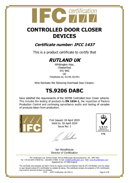 TS.9206 - BS EN 1634-1 Fire Test - IFC Certificate 