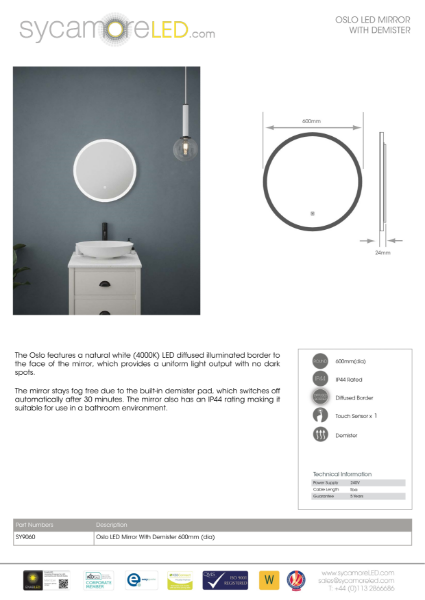 Specification Sheet for Oslo Illuminated LED Mirror