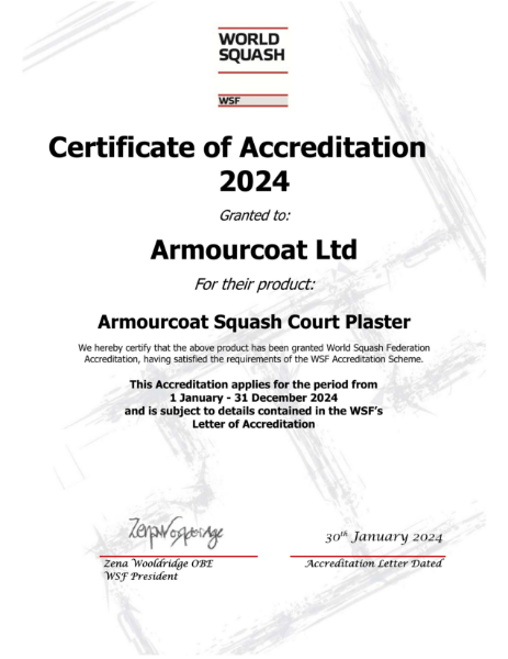 Armourcoat Squash Court Plaster - World Squash Federation Accreditation