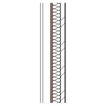 Terracotta panels with metal frame, weather barrier, particleboard insulation, steel frame and plasterboard lining