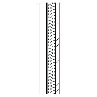 Terracotta panels with metal frame, weather barrier, particleboard insulation, steel frame and plasterboard lining