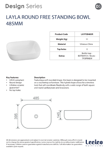 Layla Round Free Standing Bowl 485mm