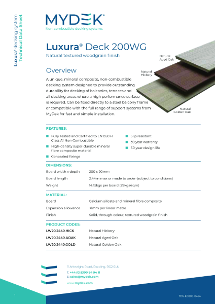 Data Sheet - Luxura Deck 200 Non-Combustible Mineral Composite Decking