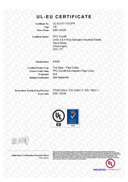 PFC Corofil Intumescent Pipe Collars CIPC - UL-EU Certificate: 01170-CPR