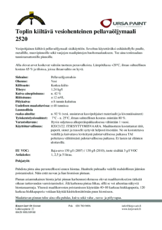 Tuoteseloste - Toplin vesiohenteinen pintamaali Kiiltävä 2520
