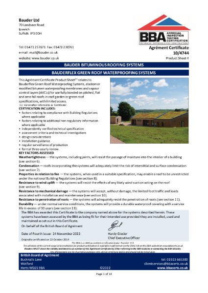 Certificate: Bauderflex Green Roof Systems 10/4744 