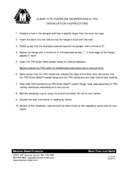 INSTALLATION INSTRUCTIONS - CLAMP-TITE OVERFLOW SCUPPER DRAIN - TPO