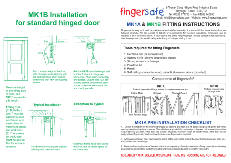 Fingersafe® MK1A and MK1B Fitting Instructions