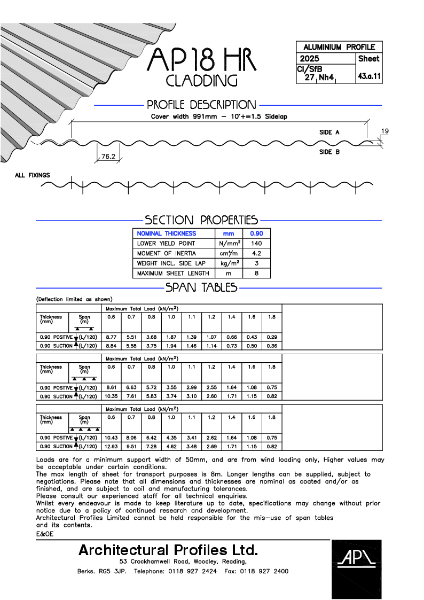 AP18HR - Aluminium - Cladding Data Sheet