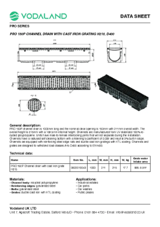 PRO 150P Channel drain H215, D400 Data Sheet