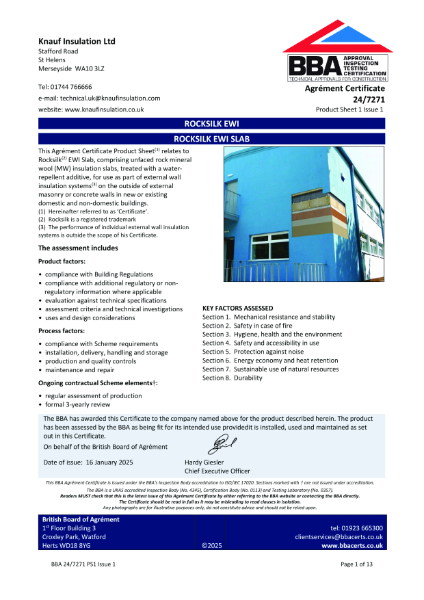 Knauf Insulation Rocksilk® EWI Slab BBA Certificate 247271