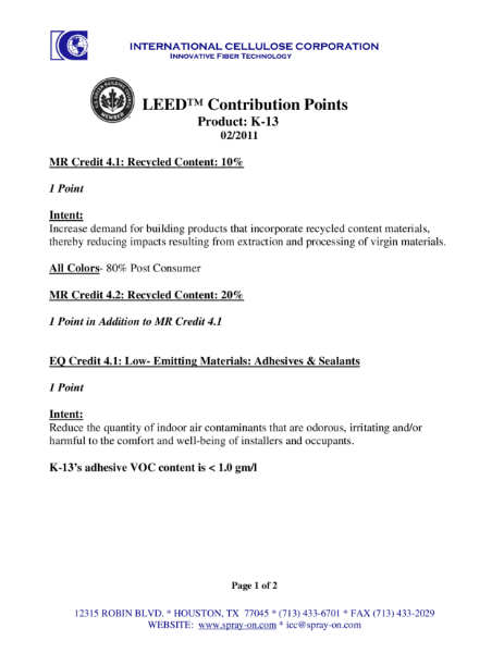 SonaSpray K-13 & K-13 Special acoustic spray LEED Contribution Points