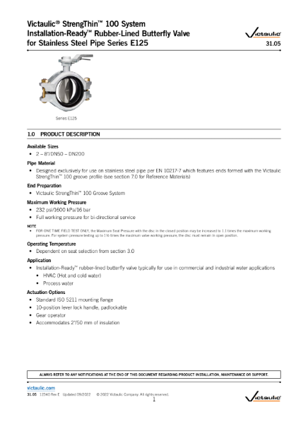 Victaulic® StrengThin™ 100 System Installation-Ready™ Rubber-Lined Butterfly Valve for Stainless Steel Pipe Series E125