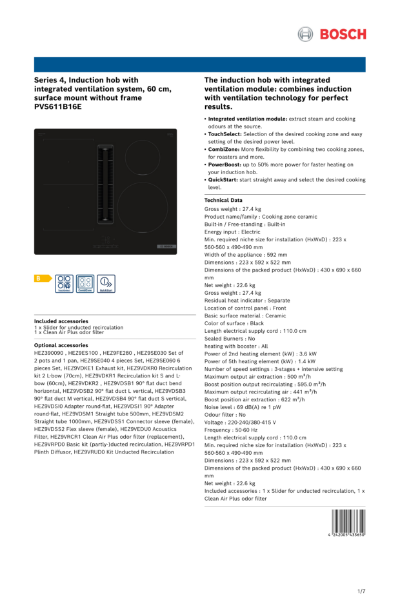 Series 4, Induction hob with
integrated ventilation system, 60 cm,
surface mount without frame
PVS611B16E