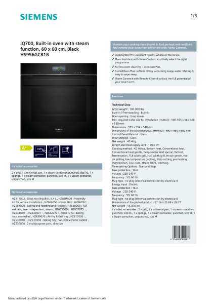 iQ700, Built-in oven with steam function, 60 x 60 cm, Black HS956GCB1B