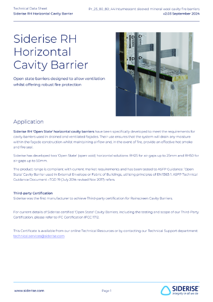 Siderise RH | Cavity Barriers for Ventilated Cladding / Rainscreen – Horizontal  – Technical Data v2.03