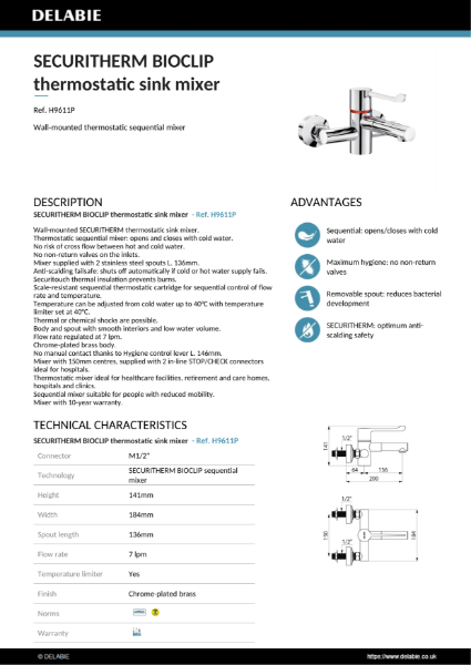 Securitherm Mixer with Bioclip Spout Data Sheet- H9611P