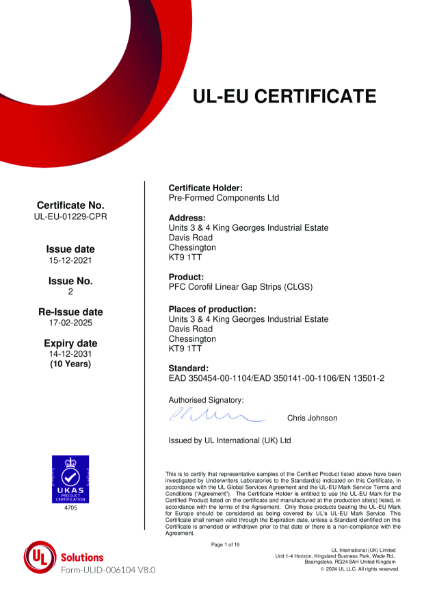 PFC Corofil Linear Gap Strips CLGS - UL-EU Certificate: 01229-CPR