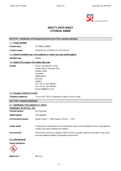 Nitoseal MS600 Safety Datasheet