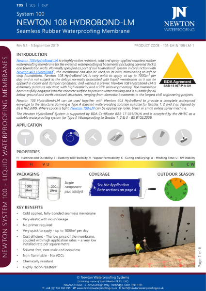 Newton 108 HydroBond-LM Sprayable Rubber Waterproofing Membrane