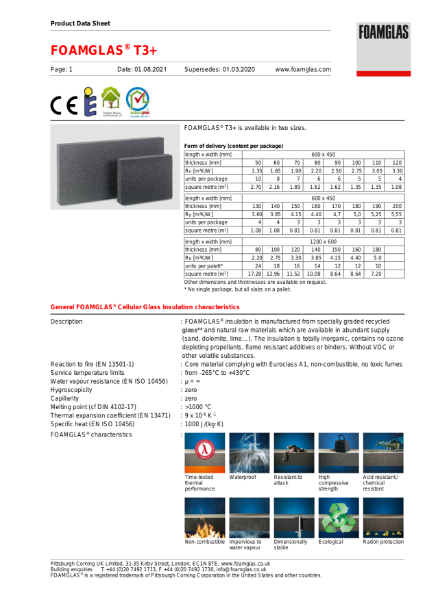 FOAMGLAS® T3+ Flat Slab Product Data Sheet